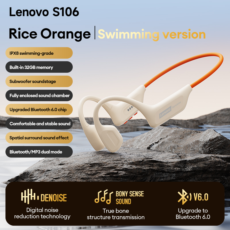 Bone Conduction Running Headphones - เลือก Lenovo S106 หูฟังแบบนำเสียงผ่านกระดูกไร้สาย MP3 ชุดหูฟังบลูทูธ