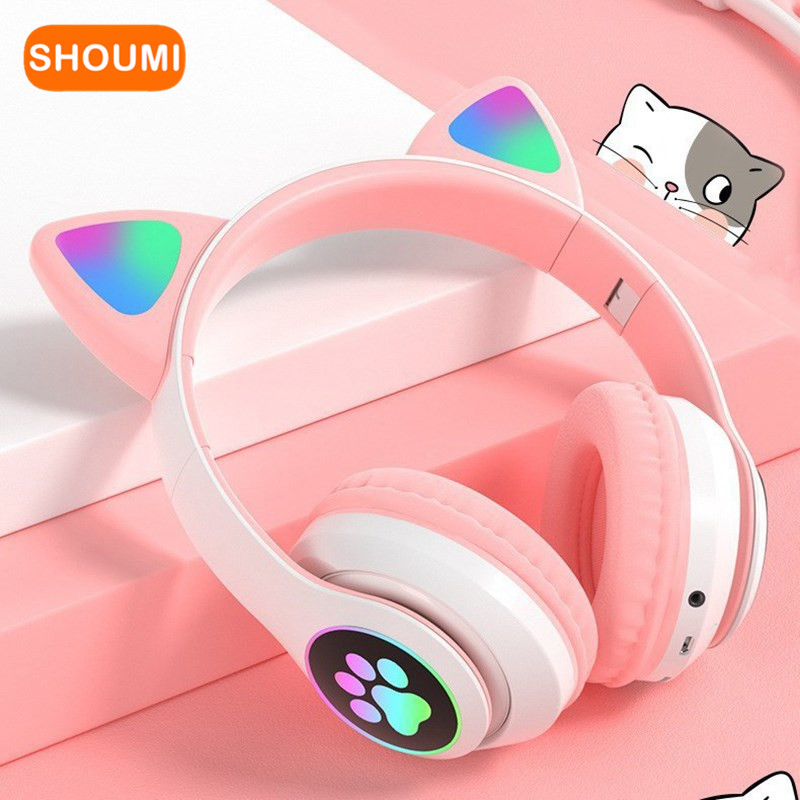 Cat Ear Bluetooth Headset Led - กระพริบ LED น่ารักหูแมวหูฟังชุดหูฟังไร้สายบลูทูธพร้อมไมโครโฟน TF FM เด็กสาวสเตอริโอเพลงหูฟังลูกแมว