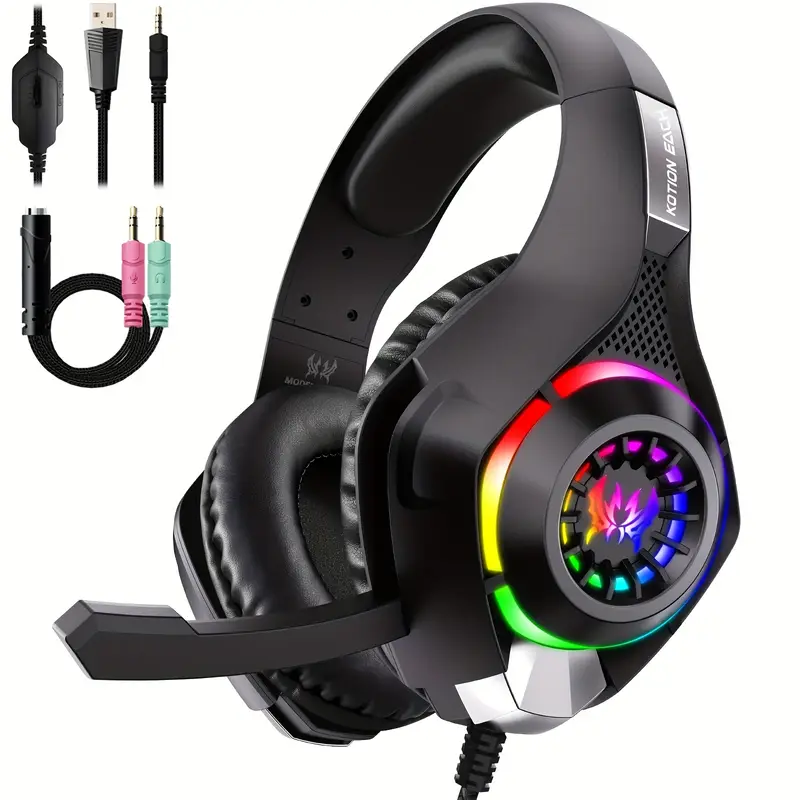 Gaming Headset With Mic Rgb - หูฟังเกมมิ่งสำหรับพีซี, PS4, PS5, หูฟังเล่นเกมพร้อมไมโครโฟนตัดเสียงรบกวน ไฟ RGB,