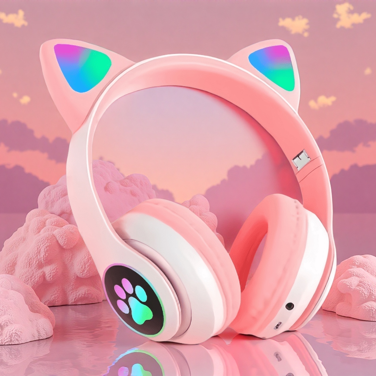 Cat Ear Bluetooth Headset Led - หูฟังไร้สายลายหูแมวน่ารัก พร้อมไมโครโฟน ควบคุมแบบ LED เสียงสเตอริโอ สำหรับเด็กผู้หญิง