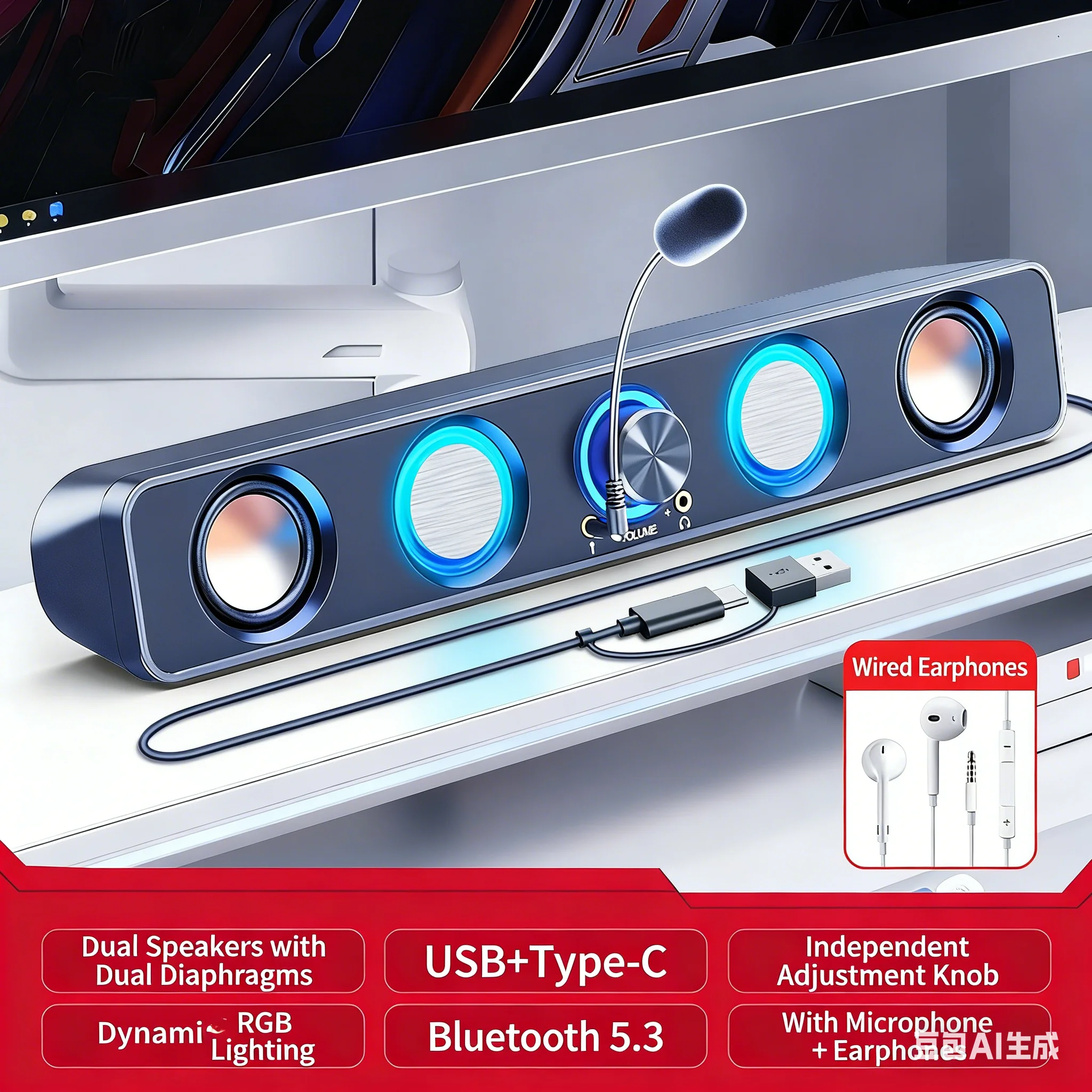 RGB Gaming Soundbar 2.0 เสียงร - Rgb Computer Soundbar For Pc บทวิจารณ์และราคา